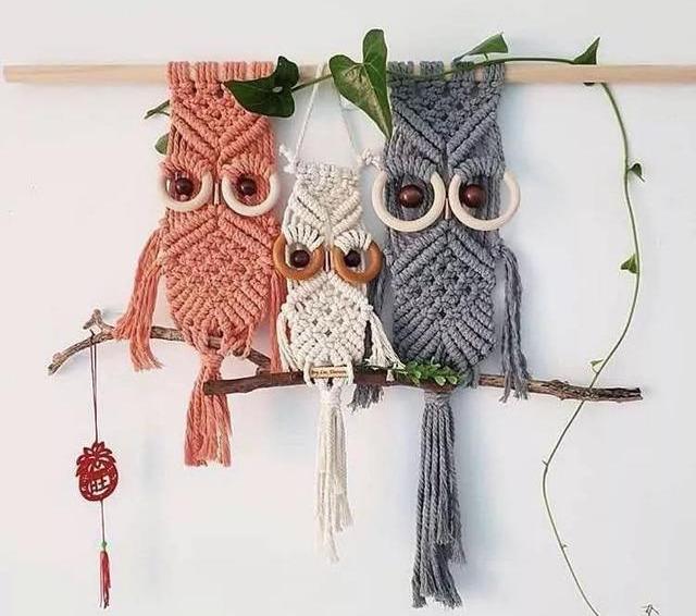棉绳编织猫头鹰挂饰，编绳手工也可以很可爱