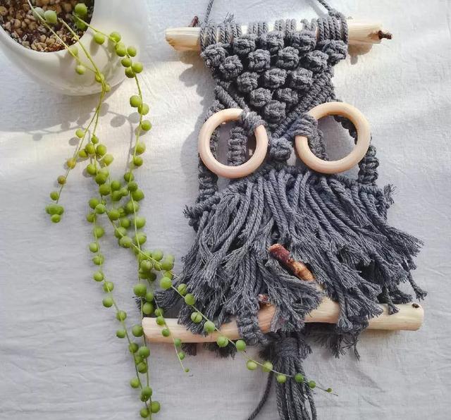 棉绳编织猫头鹰挂饰，编绳手工也可以很可爱