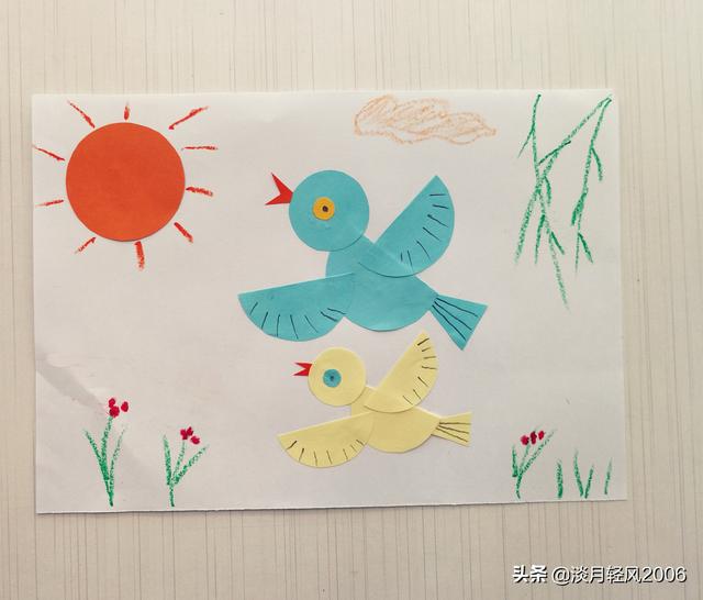 幼儿手工，用彩色卡纸贴一个小鸟，有制作过程