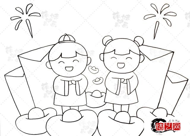 春节元素简笔画图片大全,简单彩色手绘手抄报素材